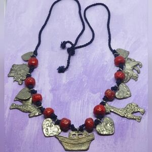 Noahs Ark Necklace Red Beads Navy Blue Cord Silver Tone Charms